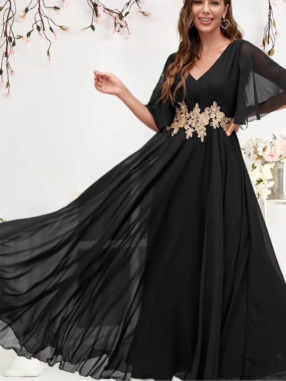 SHEIN Black Maxi Dress with Gold Floral Waist Appliqué